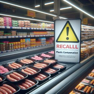 Alerte de rappel produit dans un supermarché : saucisses et brochettes en barquettes avec un panneau de danger pour contamination plastique, ambiance d'urgence.
