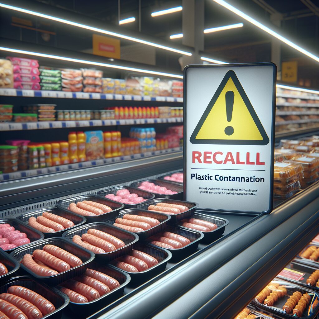 Alerte de rappel produit dans un supermarché : saucisses et brochettes en barquettes avec un panneau de danger pour contamination plastique, ambiance d'urgence.