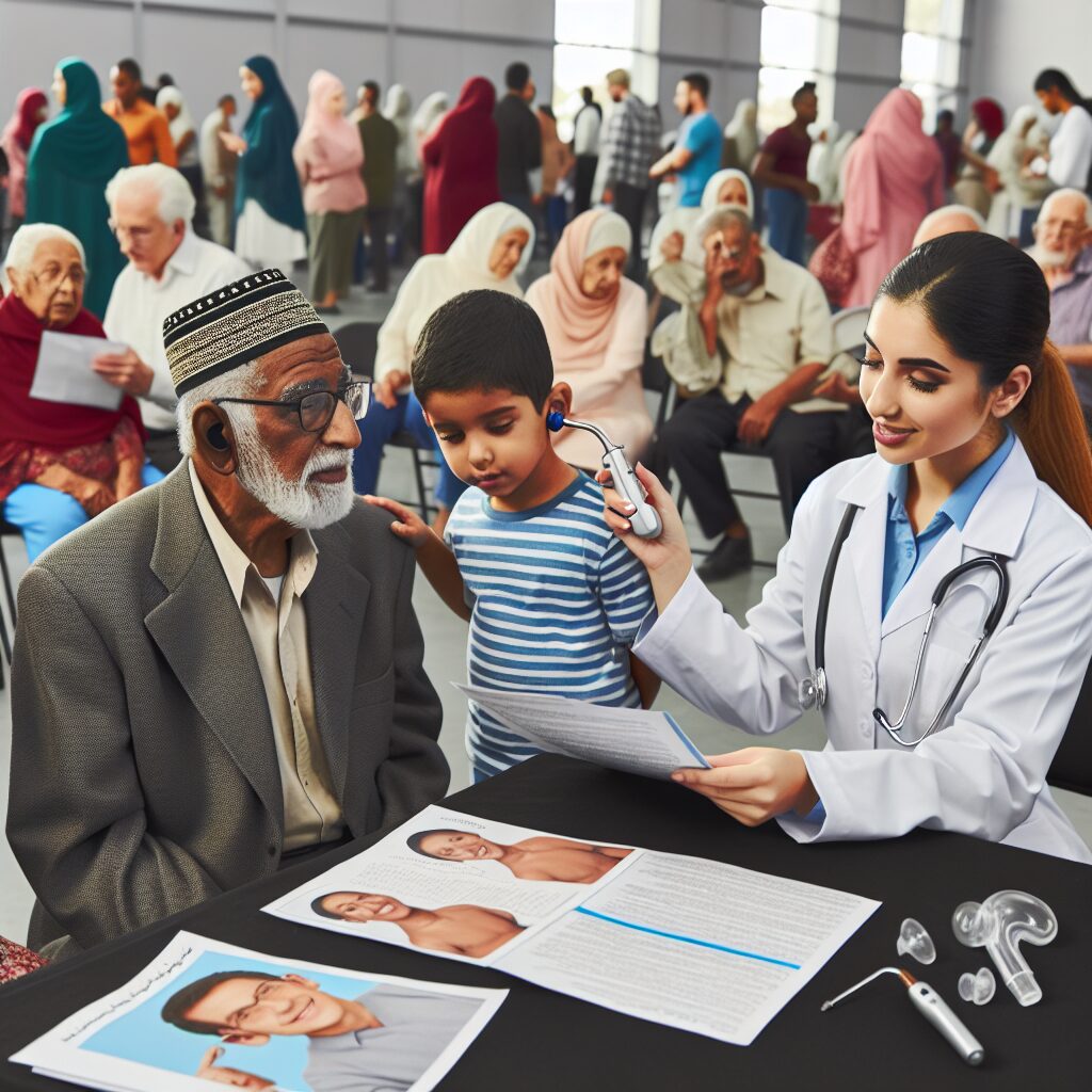 A diverse group of people in various age groups participating in a hearing health awareness event, with audiologists offering advice, hearing tests being conducted, and educational materials about protecting hearing being handed out.