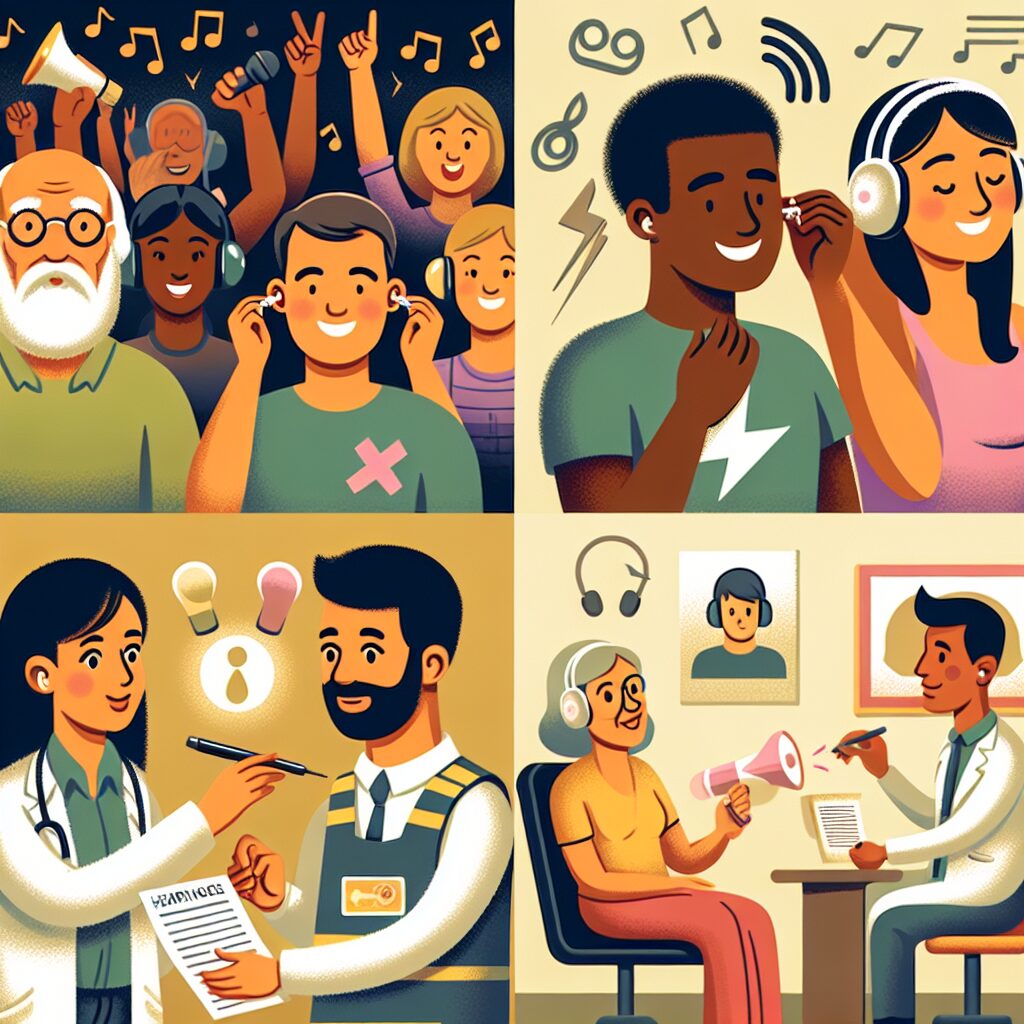Illustration montrant une variété de situations où des personnes protègent leur audition : utilisation de bouchons d'oreilles lors de concerts, test auditif en clinique, musique à volume modéré dans des écouteurs, entretien sympathique entre un audioprothésiste et un patient.