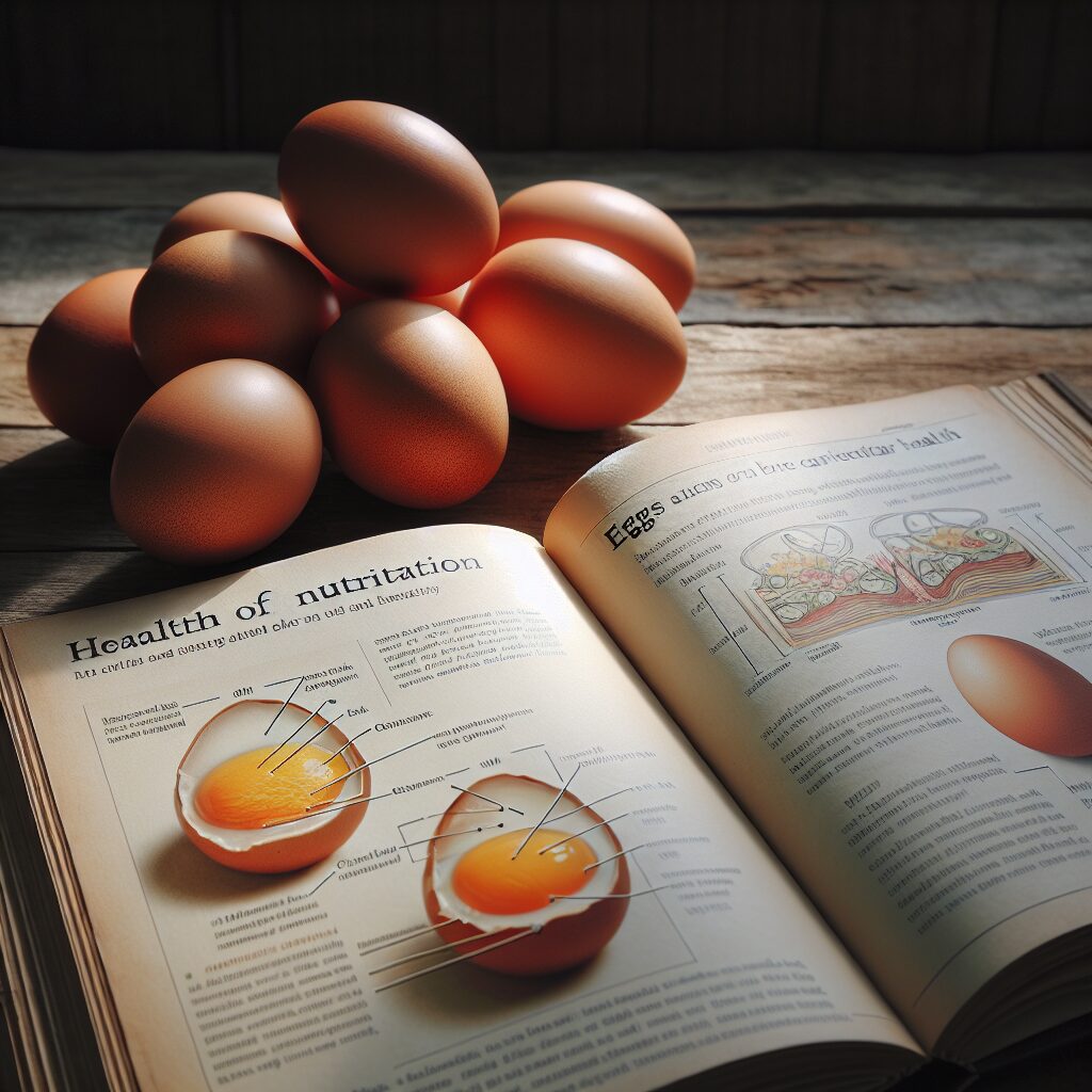 Un groupe d'œufs entiers sur une table en bois rustique, éclairés naturellement. En arrière-plan, des livres de nutrition ouverts montrant des diagrammes sur les bienfaits des œufs pour la santé osseuse et cardiovasculaire. Style photographie réaliste, avec des jeux d'ombre et de lumière pour un effet chaleureux.