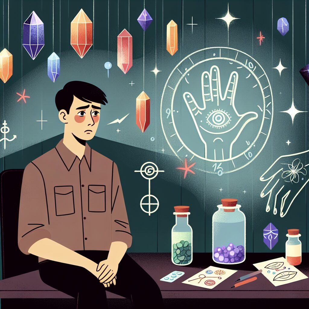 Illustration showing a worried patient sitting in a consulting room, surrounded by symbols of alternative therapies like crystals, reiki, and herbal medicine, in a dark and cautious atmosphere.