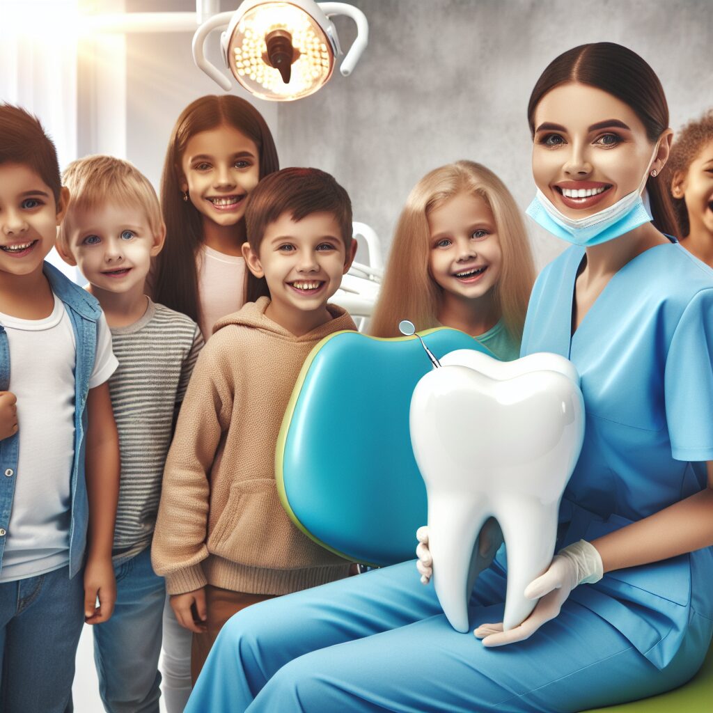 A diverse group of children and young adults happily visiting a dentist's office, showcasing bright and healthy smiles. The dentist is warmly interacting with the young patients, illustrating a friendly and welcoming dental environment. Include elements of dental care such as a dental chair, toothpaste, and a large tooth model.