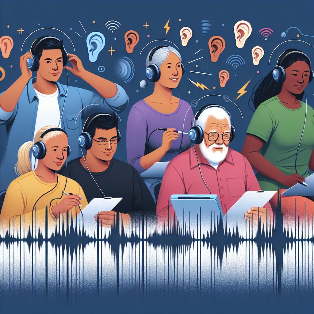 An illustration showing diverse people of all ages taking a hearing test, with elements like sound waves and ear icons to represent hearing health and awareness.
