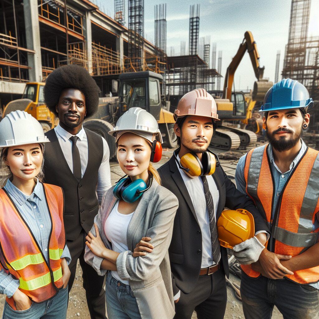 A group of workers in a construction site, surrounded by heavy machinery, wearing ear protection to shield themselves from loud noises. The background shows industrial equipment and a partially constructed building. The atmosphere is busy and focused, highlighting the importance of safety measures against noise pollution.