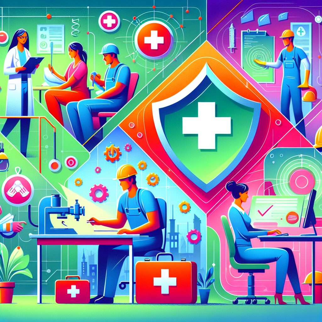 A visual representation of professional workers from various industries, showcasing their diverse roles and environments. The scene includes healthcare workers, construction employees, office workers, and factory staff, all engaging in their tasks with abstract symbols of health and safety, such as shields, first aid kits, and informative banners. The setting is vibrant and dynamic, illustrating a proactive workplace committed to health and safety.