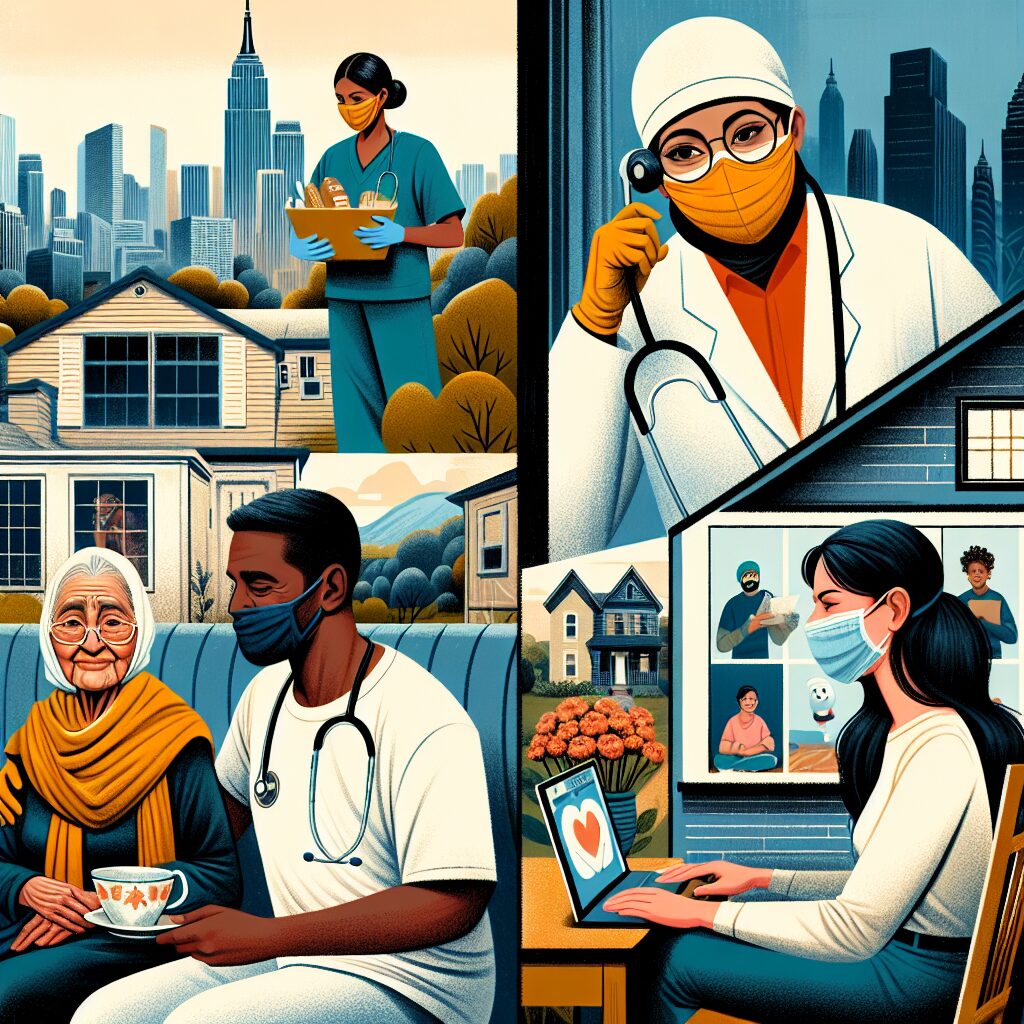 A thoughtful illustration depicting diverse individuals within a community affected by a global pandemic, highlighting social inequities and health challenges, with a background of both urban and rural settings.