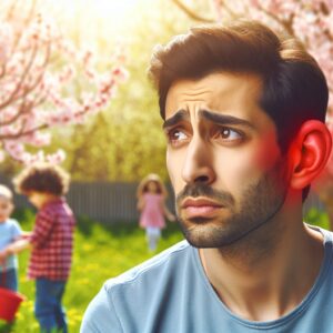 A concerned parent observing a child with red and swollen ears in a sunny spring outdoor setting, with blooming trees and playful children in the background. The image should convey the idea of a spring allergy or skin condition affecting children, with a focus on the ear area.