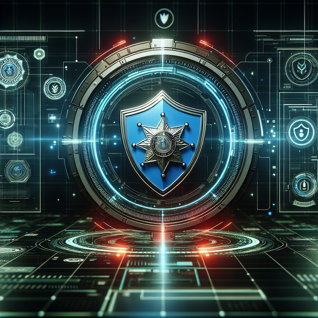 A futuristic digital interface with a shield symbol, symbolizing online protection and cybersecurity assistance, with a police and gendarmerie badge in the background.
