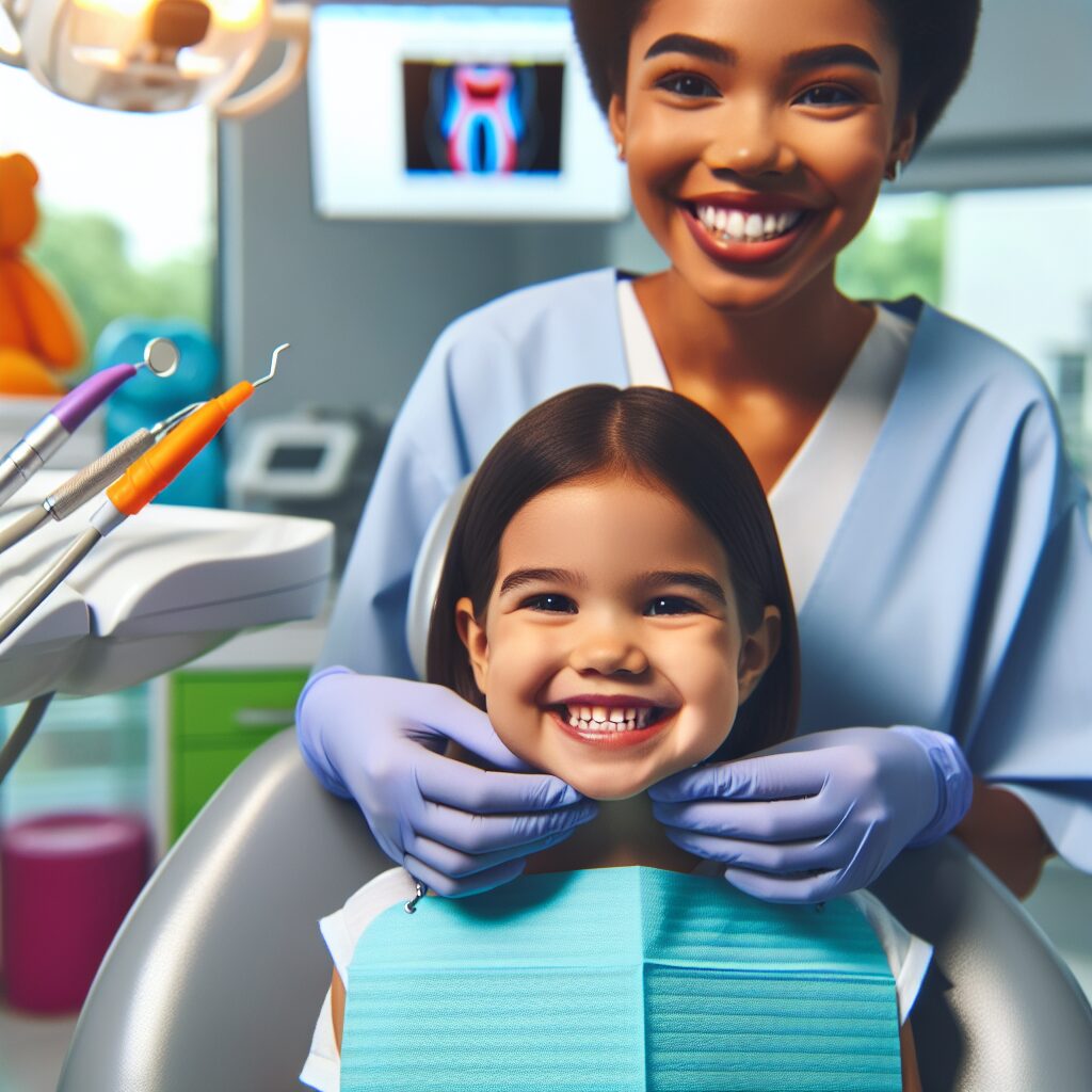 Illustration d'un jeune enfant lors d'un examen dentaire, un dentiste souriant en arrière-plan, des équipements dentaires colorés pour un aspect rassurant et accueillant. Ambiance de clinique propre et moderne.