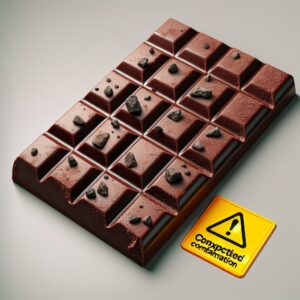 A bar of chocolate with visible rock pebbles mixed inside, highlighting the unexpected contamination, with a warning sign beside it.