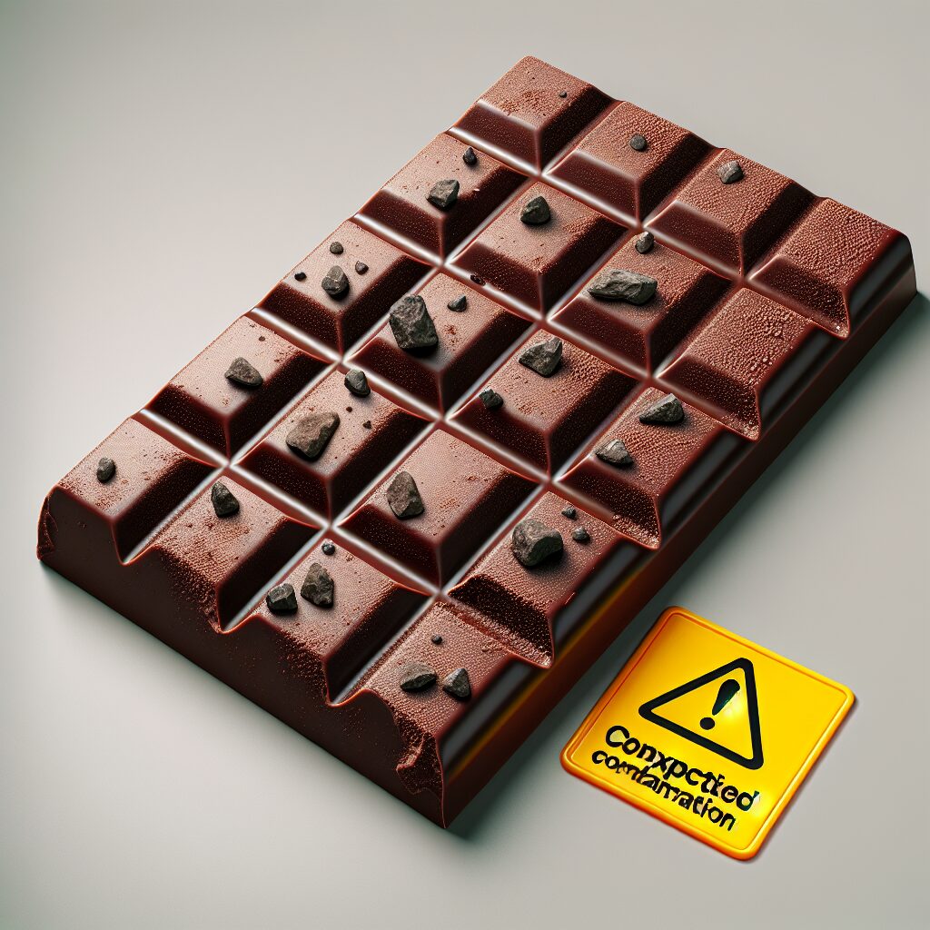 A bar of chocolate with visible rock pebbles mixed inside, highlighting the unexpected contamination, with a warning sign beside it.