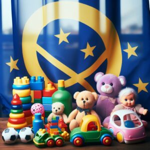 Une image illustrant des jouets d'enfants sur une table, avec un drapeau européen en arrière-plan, symbolisant l'interdiction des substances chimiques comme les PFAS dans toute l'Europe.