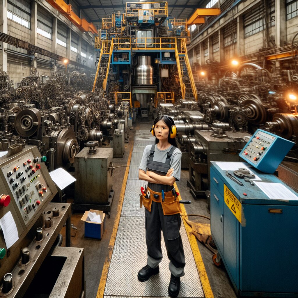 A noisy industrial setting with a maintenance technician wearing earmuffs, surrounded by large machinery, working on an assembly line. The scene shows a mix of industrial equipment and safety signs.