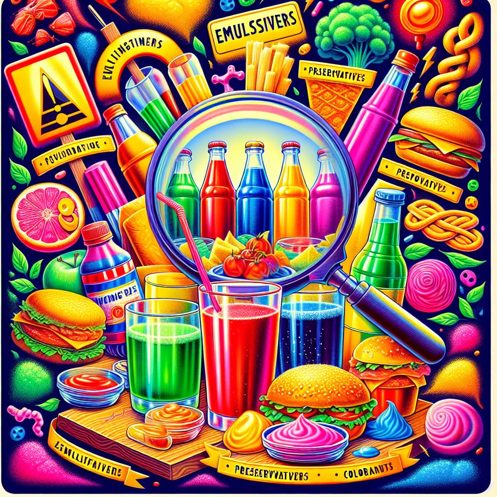 A colorful and informative illustration of various food additives like emulsifiers, preservatives, and colorants alongside processed food items such as sodas and sauces, highlighting the potential health risks, with a warning symbol and magnifying glass.