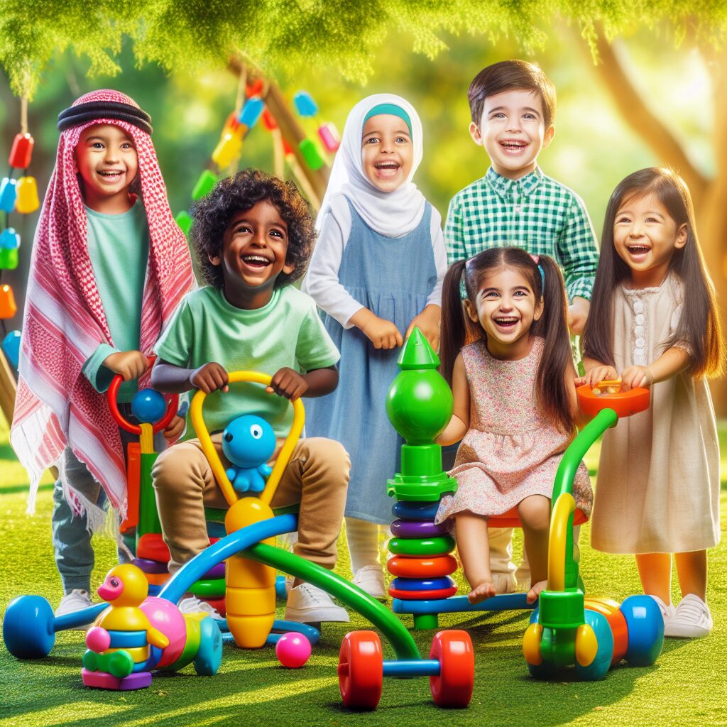 An image showing a diverse group of happy children playing with safe, colorful toys in a clean, green park, symbolizing a future free from harmful pollutants.