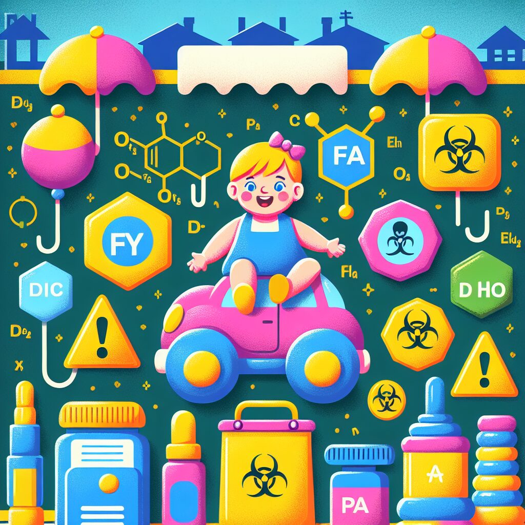 Illustration représentant des jouets pour enfants entourés de symboles chimiques pour les PFAS et les perturbateurs endocriniens, avec un fond européen et des couleurs vives et engageantes.