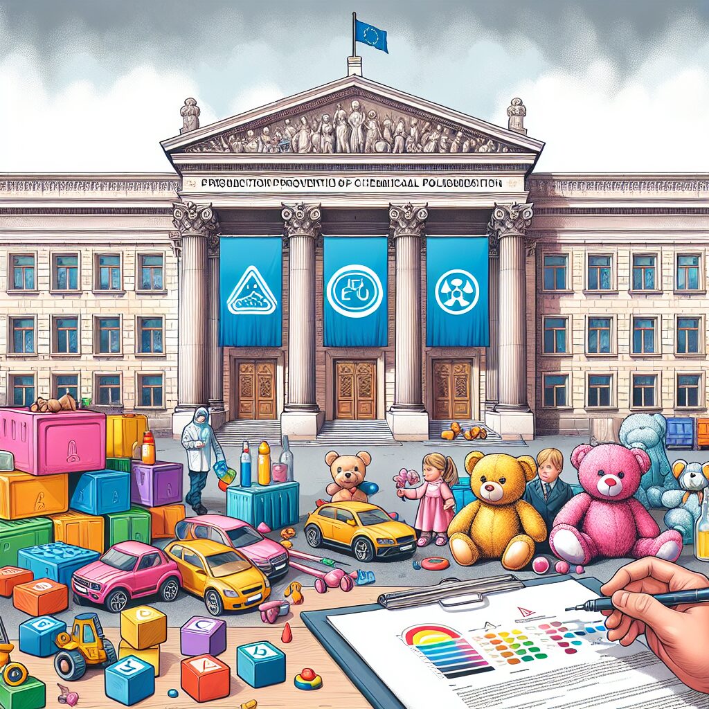 Illustration showing European Parliament and toys being inspected for chemical safety, with a focus on preventing chemical pollutants like PFAS, bright colors, serious tone, safety symbols.