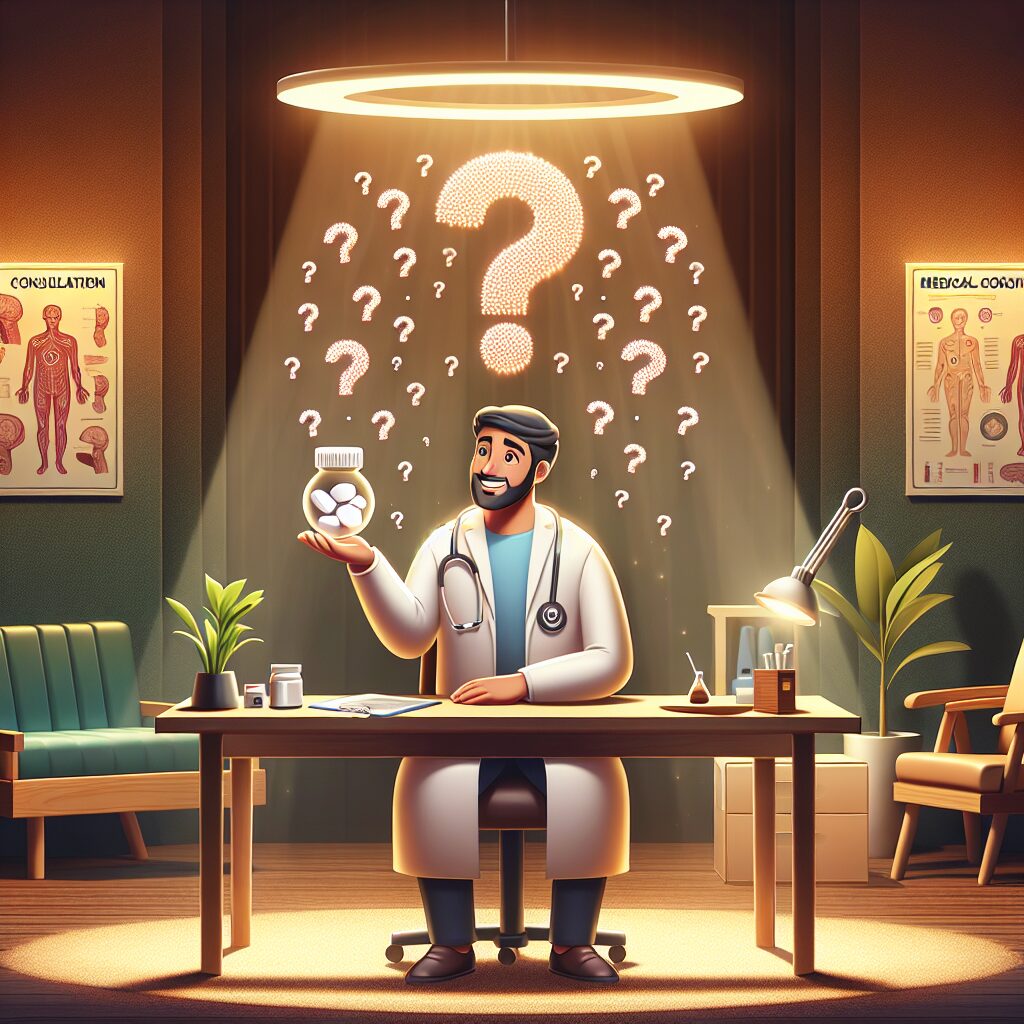 A captivating scene of a patient with a happy expression, holding a harmless sugar pill, surrounded by floating question marks. The setting is a cozy medical consultation room with warm lighting.