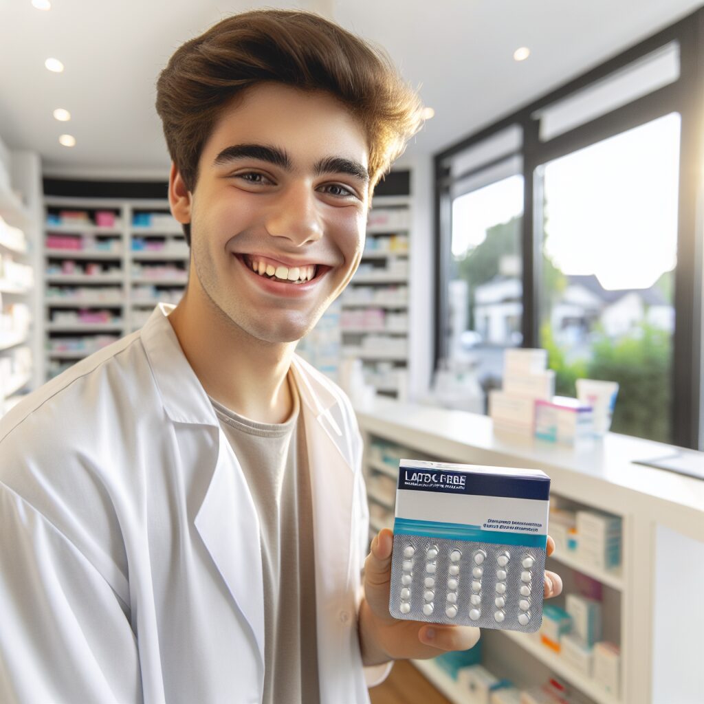 A young adult holding a box of latex-free condoms with a cheerful expression inside a bright and clean pharmacy setting, symbolizing accessibility and health prevention for youth in modern France.