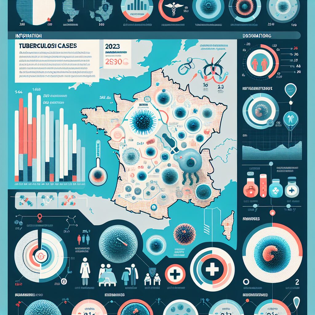 A detailed graphical representation showing the trend and distribution of tuberculosis cases in France in 2023, highlighting regional disparities and different demographic impacts, with a backdrop of a medical theme and the French map.