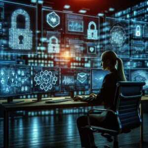 An investigator in a modern office setting, analyzing digital information on multiple screens. The background shows icons representing digital fraud, such as locks, passwords, and hacking symbols, symbolizing the fight against health insurance scams.