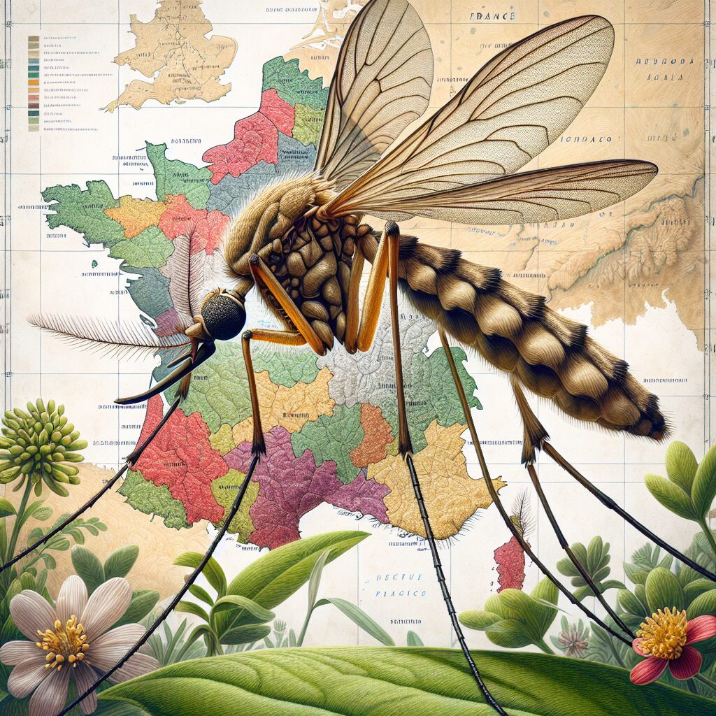 Realistic illustration of a mosquito sitting on a leaf, showcasing the intricate details of the insect. The background should display a map of France highlighting areas with high mosquito presence. The scene should have a scientific and geographic focus, illustrating a spring atmosphere.