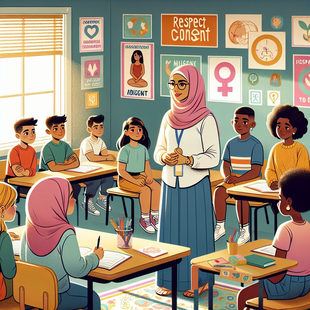 An illustration showing a classroom with students attending a sexuality education lesson, featuring a teacher with diverse students of various ages. The classroom has educational posters about respect and consent, creating a positive and inclusive learning environment.
