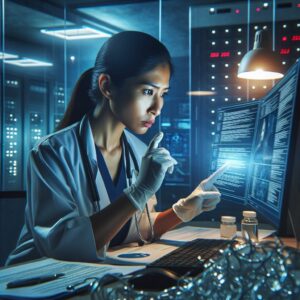 A vigilant medical professional monitoring fraudulent sick leave claims, with a computer and medical documents, set in a modern office environment, emphasizing security and prevention.