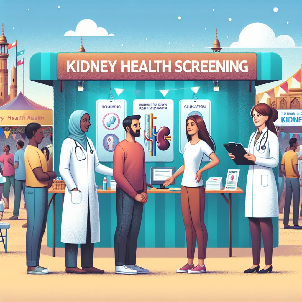 An illustrative image showing a public health awareness campaign scene with people engaging in kidney health screening at a community event. The image should depict a friendly and informative atmosphere with medical professionals assisting participants.