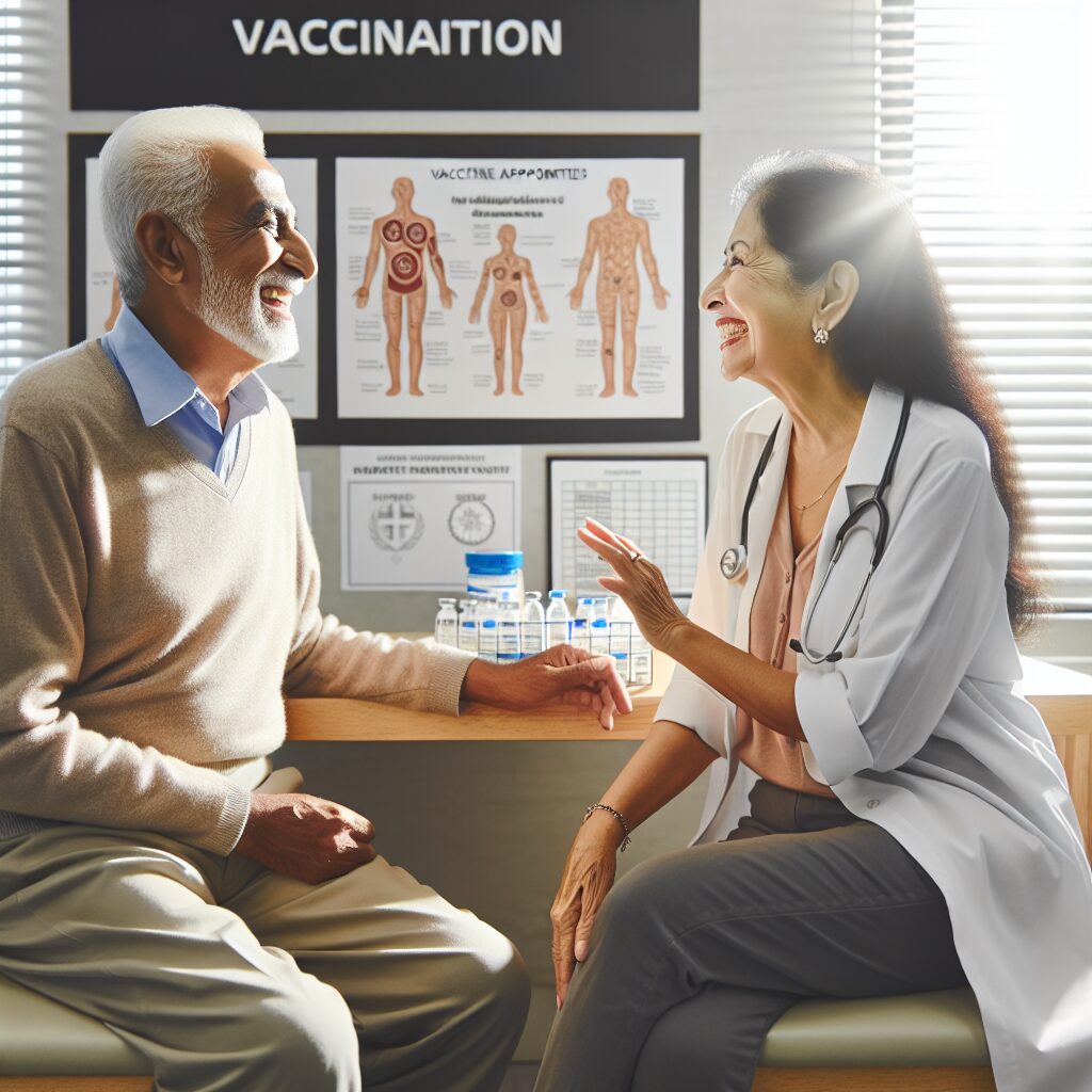 An elderly couple sitting in a doctor's office, happily discussing their vaccination appointments. The scene is bright and hopeful, with medical charts in the background showing vaccines and immunity, depicting a secure and healthy future for seniors.