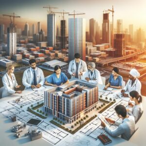 An urban setting showcasing a modern medical facility being constructed, with doctors and health professionals discussing plans. The scene is vibrant and hopeful, symbolizing revitalization in healthcare access.