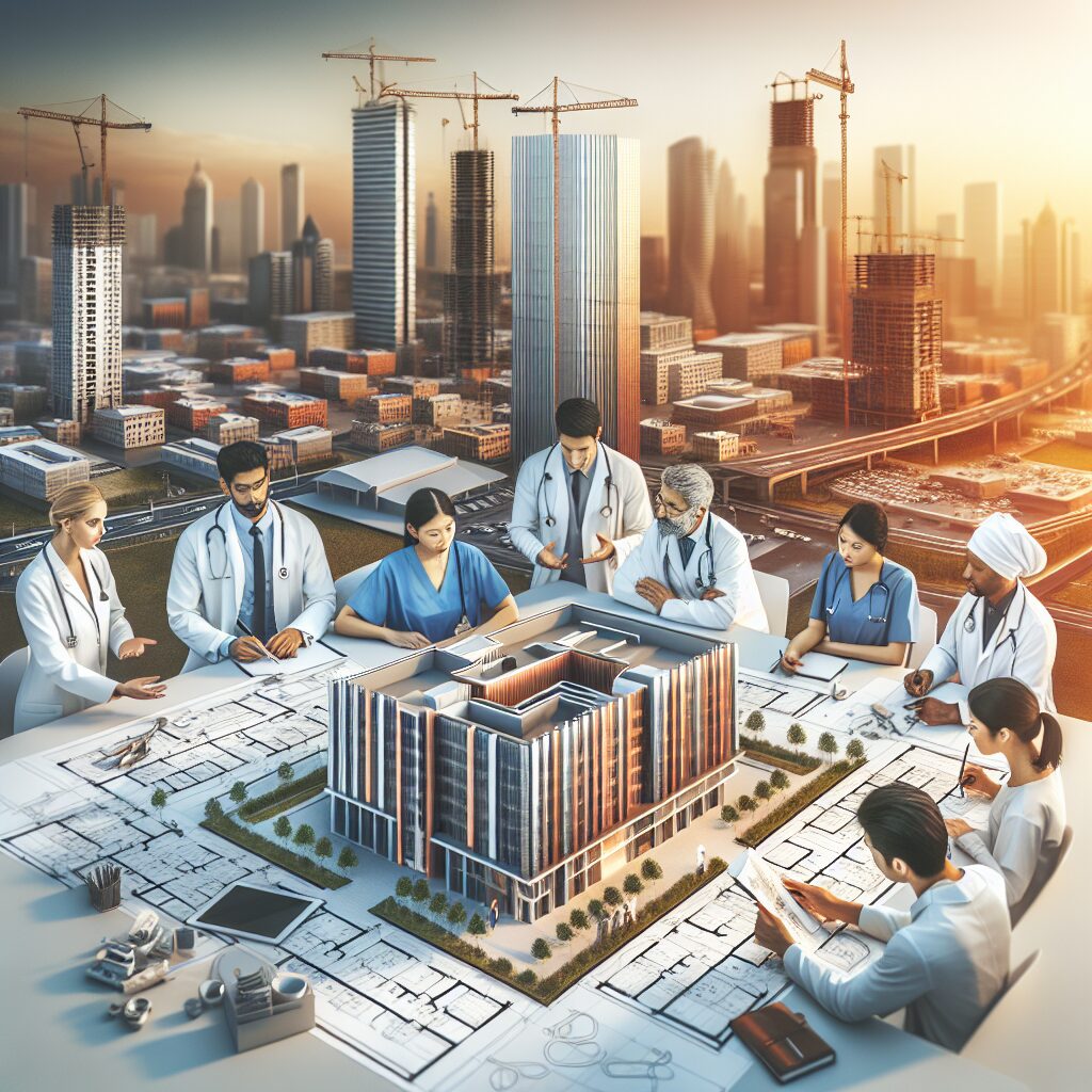 An urban setting showcasing a modern medical facility being constructed, with doctors and health professionals discussing plans. The scene is vibrant and hopeful, symbolizing revitalization in healthcare access.