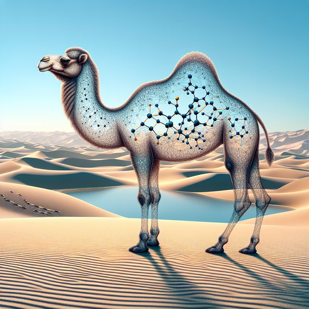 A detailed, realistic illustration of a camel in a serene desert setting, scientifically represented with abstract molecular structures floating around, symbolizing groundbreaking medical research.