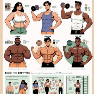 An illustration showing different body types and the challenges of achieving a six-pack, with a balanced approach to fitness and well-being.