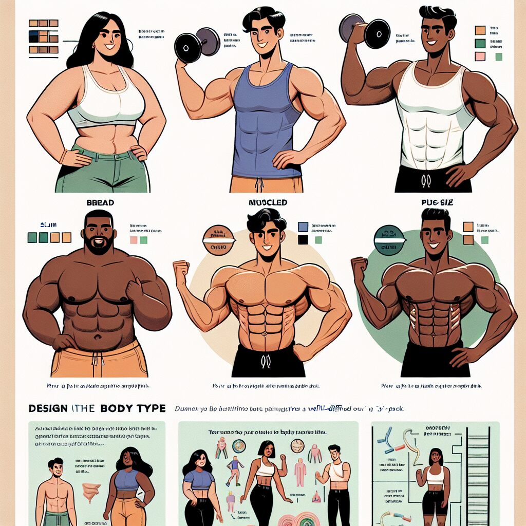 An illustration showing different body types and the challenges of achieving a six-pack, with a balanced approach to fitness and well-being.