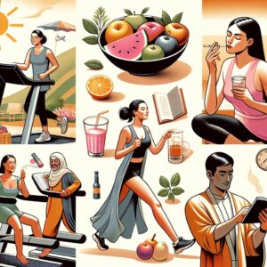 A diverse group of people making healthy lifestyle choices such as eating fruits, exercising, avoiding smoking and excessive sun exposure, symbolizing cancer prevention.