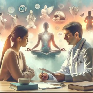 A doctor advising a patient on safe medication use, surrounded by illustrations of relaxation techniques like yoga and reading in a calming, soft-colored setting.