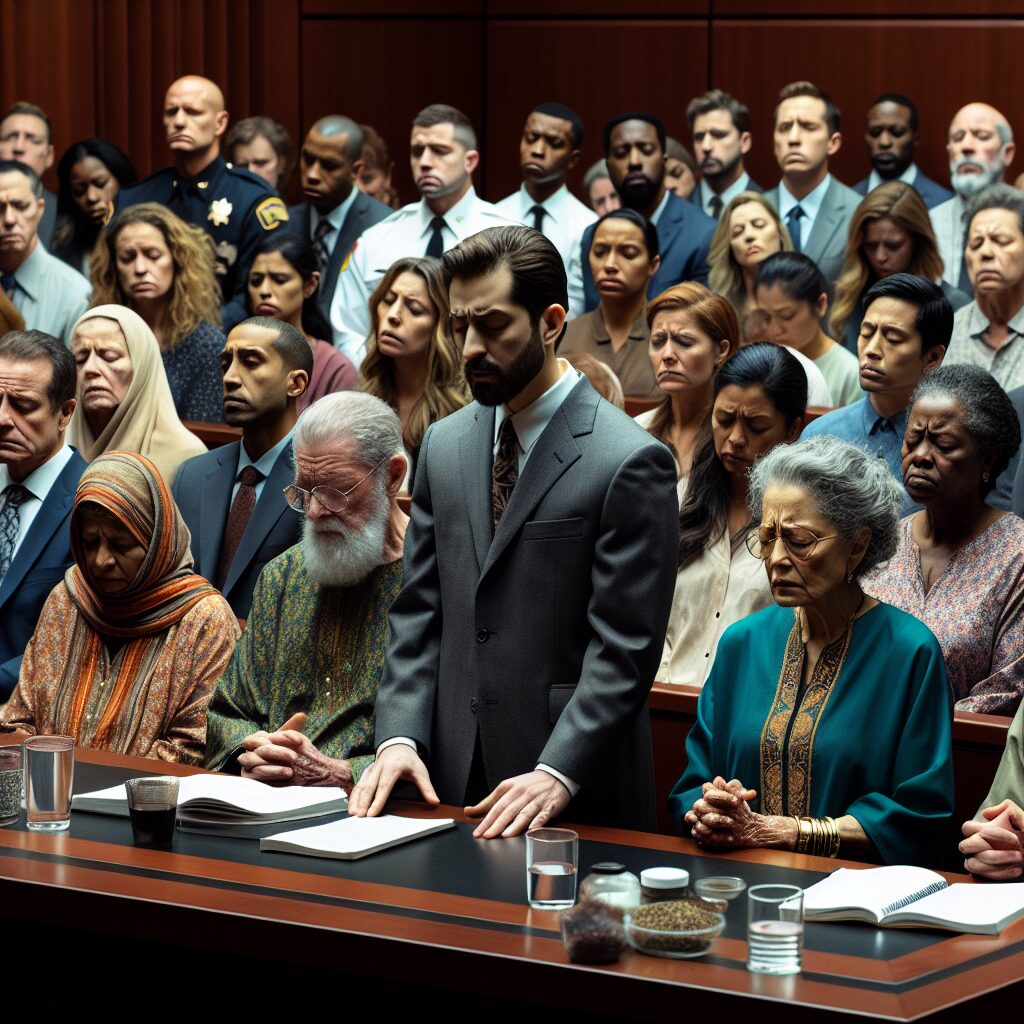 A solemn courtroom scene during the trial of a disgraced surgeon, with family members delivering emotional testimony. The atmosphere is tense, with people visibly moved, capturing the gravity of the legal proceedings.