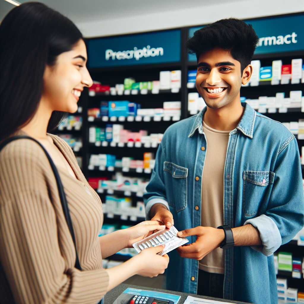 A young adult walks into a pharmacy, warmly lit, holding a prescription card while the pharmacist smilingly hands over a box of latex-free condoms. In the background, shelves are lined with various health products.