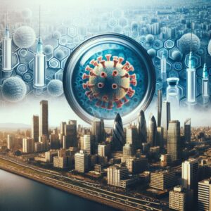 An illustrative image showing a magnified view of poliovirus particles with a background of a city skyline, symbolizing the presence of the virus in wastewater. The image should be scientific yet accessible, highlighting the vigilance required in public health.
