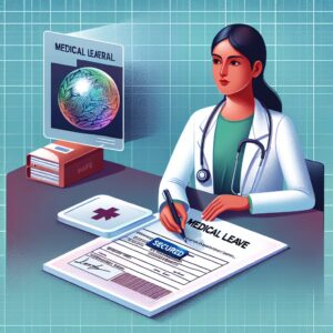 Illustration of a doctor using a secure paper form for medical leave, featuring a holographic sticker and magnetic ink, symbolizing enhanced security measures against fraud.