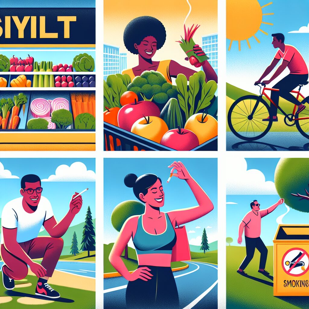 An illustrative image depicting various lifestyle changes to prevent cancer, like healthy eating, active lifestyle, and avoiding smoking or excessive sun exposure. The image should be vibrant and motivating, showing diverse individuals making healthy choices.