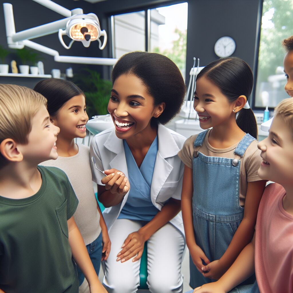 A diverse group of children and young adults smiling in a bright dental office, with a friendly dentist explaining dental care, emphasizing a welcoming and positive atmosphere. Include dental tools in the background for context.