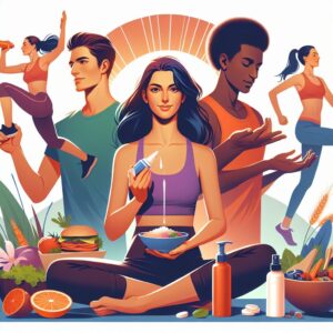 A diverse group of young adults engaging in healthy activities such as exercising, eating balanced meals, and applying sunscreen, symbolizing cancer prevention and healthy lifestyle choices. The image should have a positive and energetic vibe, with a focus on vibrant and engaging colors.