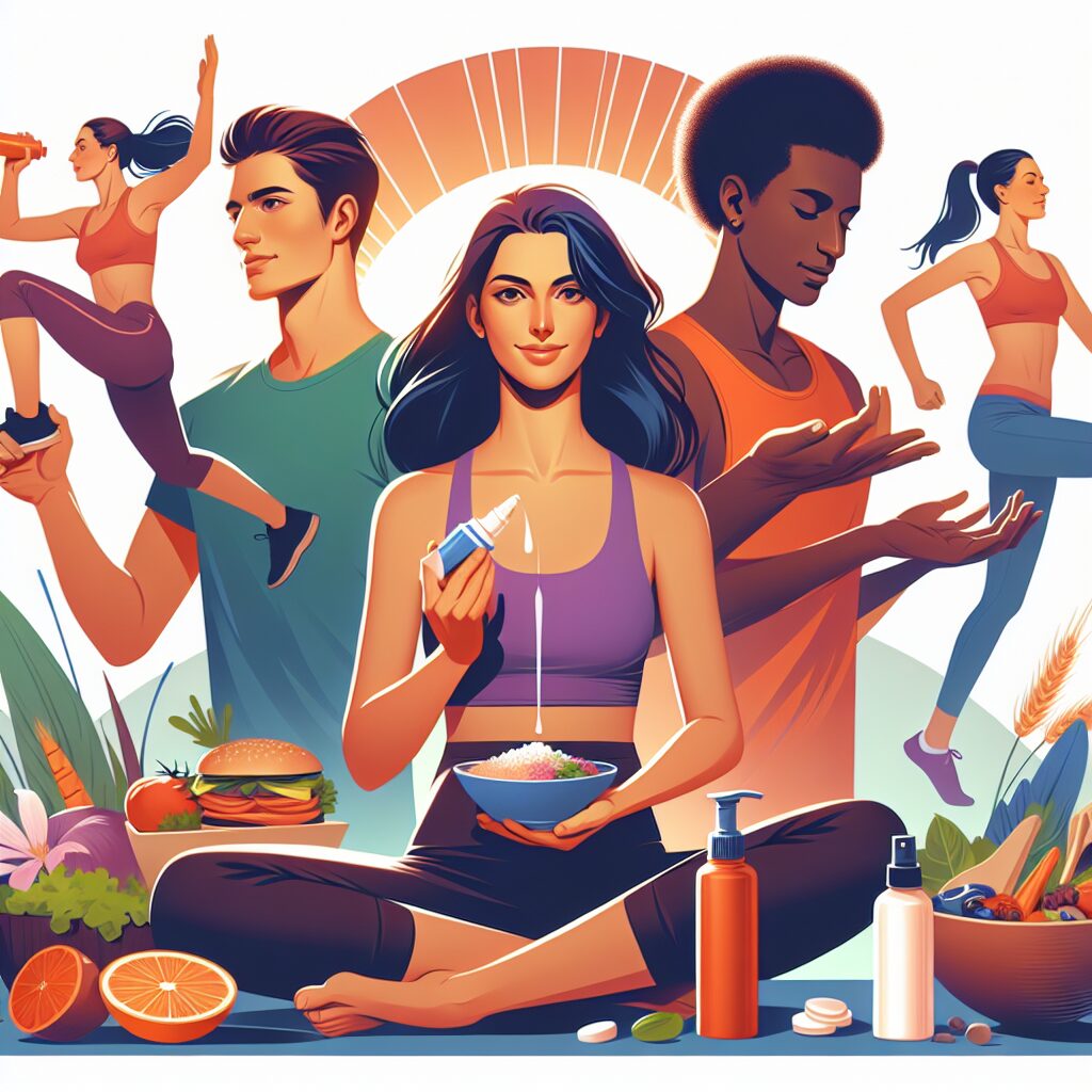A diverse group of young adults engaging in healthy activities such as exercising, eating balanced meals, and applying sunscreen, symbolizing cancer prevention and healthy lifestyle choices. The image should have a positive and energetic vibe, with a focus on vibrant and engaging colors.
