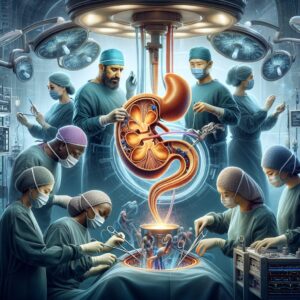 A realistic illustration depicting a futuristic hospital operating room with surgeons, a human bladder being transplanted, and medical staff in advanced surgical attire, showcasing a groundbreaking medical achievement in organ transplant technology.