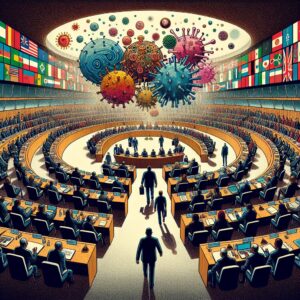 A dynamic illustration depicting a political meeting at a global health assembly, with a focus on unrest and division among international delegates, symbolizing the U.S. withdrawal from the WHO. The scene is tense and dramatic, with visual elements representing global health challenges.