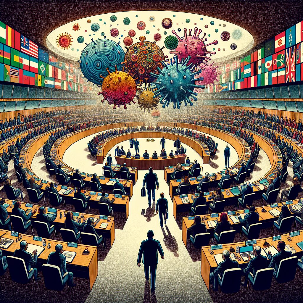 A dynamic illustration depicting a political meeting at a global health assembly, with a focus on unrest and division among international delegates, symbolizing the U.S. withdrawal from the WHO. The scene is tense and dramatic, with visual elements representing global health challenges.