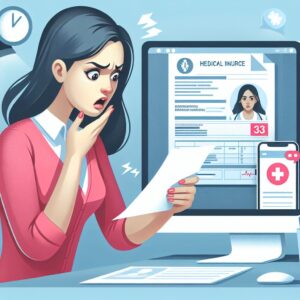 An illustration of a concerned patient reviewing a medical bill, with a computer and a smartphone displaying the Ameli application. The scene should be modern and digitally focused, emphasizing vigilance and action against medical fraud.